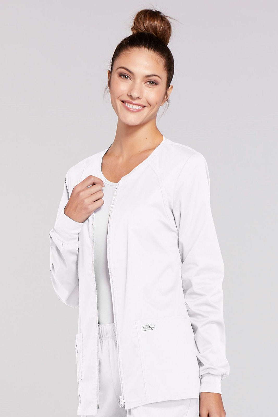 Cherokee Core Stretch Scrub Jacket Zip Front 4315 in White at Parker's Clothing and Shoes.