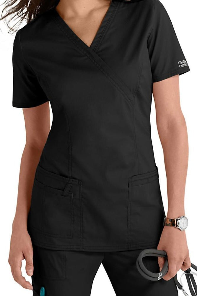 Cherokee Scrub Top Core Stretch Mock Wrap 4728 in Black at Parker's Clothing and Shoes.