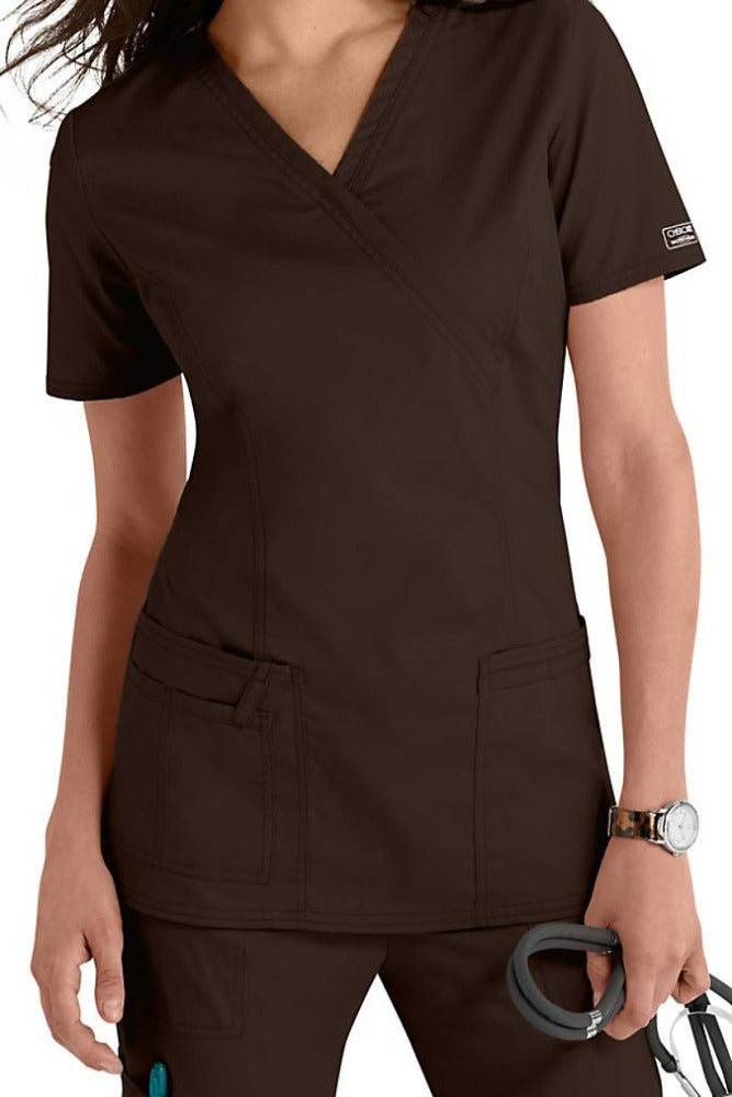 Cherokee Scrub Top Core Stretch Mock Wrap 4728 in Chocolate at Parker's Clothing & Scrubs.