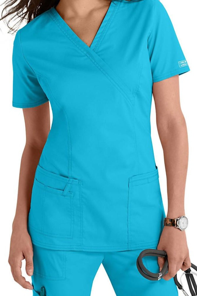 Cherokee Scrub Top Core Stretch Mock Wrap 4728 in Turquoise at Parker's Clothing & Scrubs.