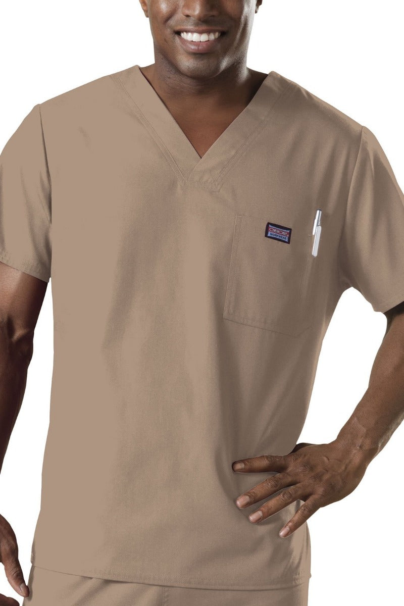 Cherokee Mens Scrub Top Workwear Originals in Khaki at Parker's Clothing and Shoes.