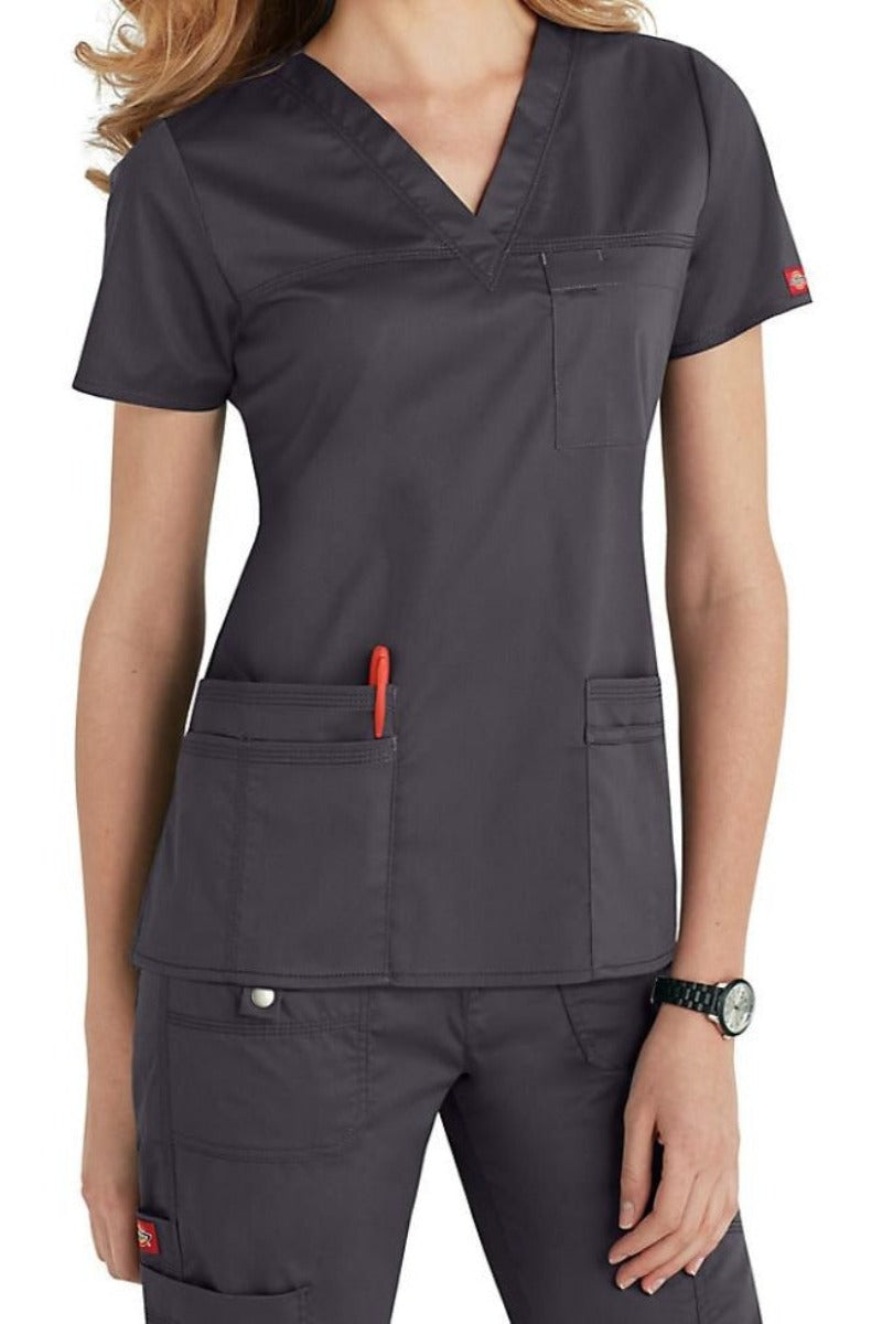 Dickies Scrub Top Gen Flex V Neck 817455 in Pewter at Parker's Clothing and Shoes.