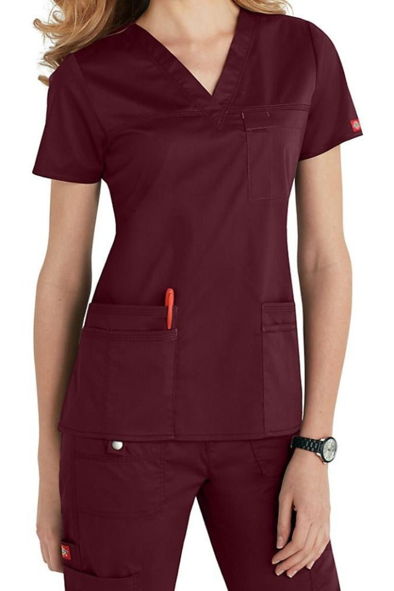 Dickies Scrub Top Gen Flex V Neck 817455 in Wine at Parker's Clothing and Shoes.
