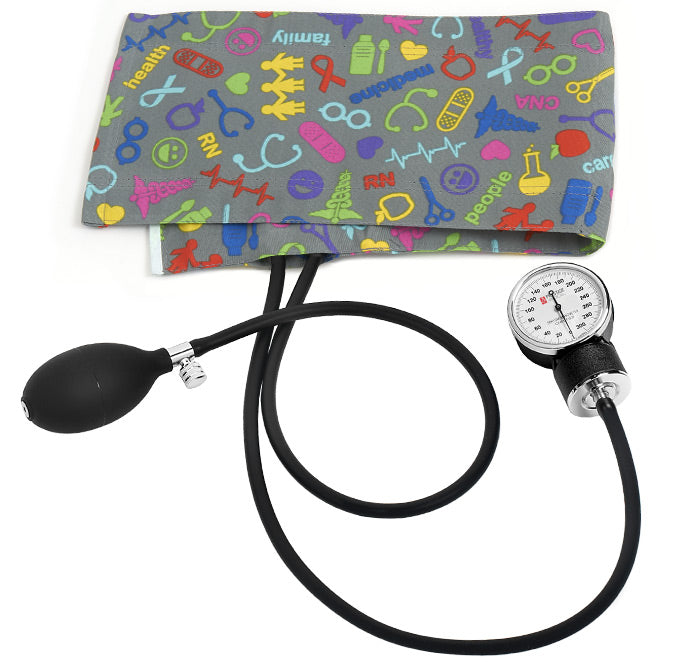 Prestige Premium Adult Aneroid Sphygmomanometer in pattern medical symbols pewter at Parker's Clothing and Shoes