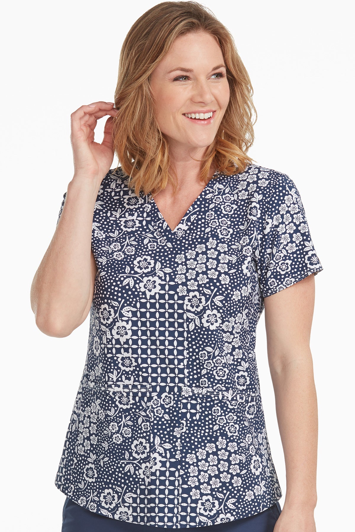 Med Couture Serena V-Neck Print Top in Easy Navy at Parker's Clothing and Shoes.