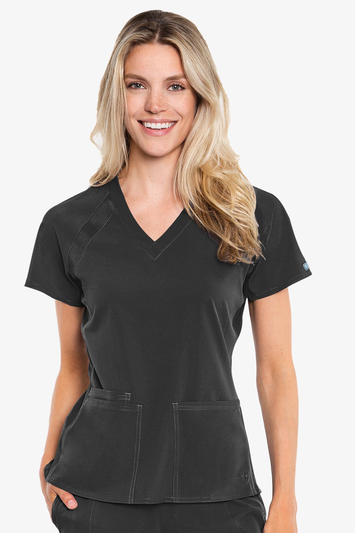 Med Couture Scrub Top Peaches Raglan V-Neck in Black at Parker's Clothing and Shoes.