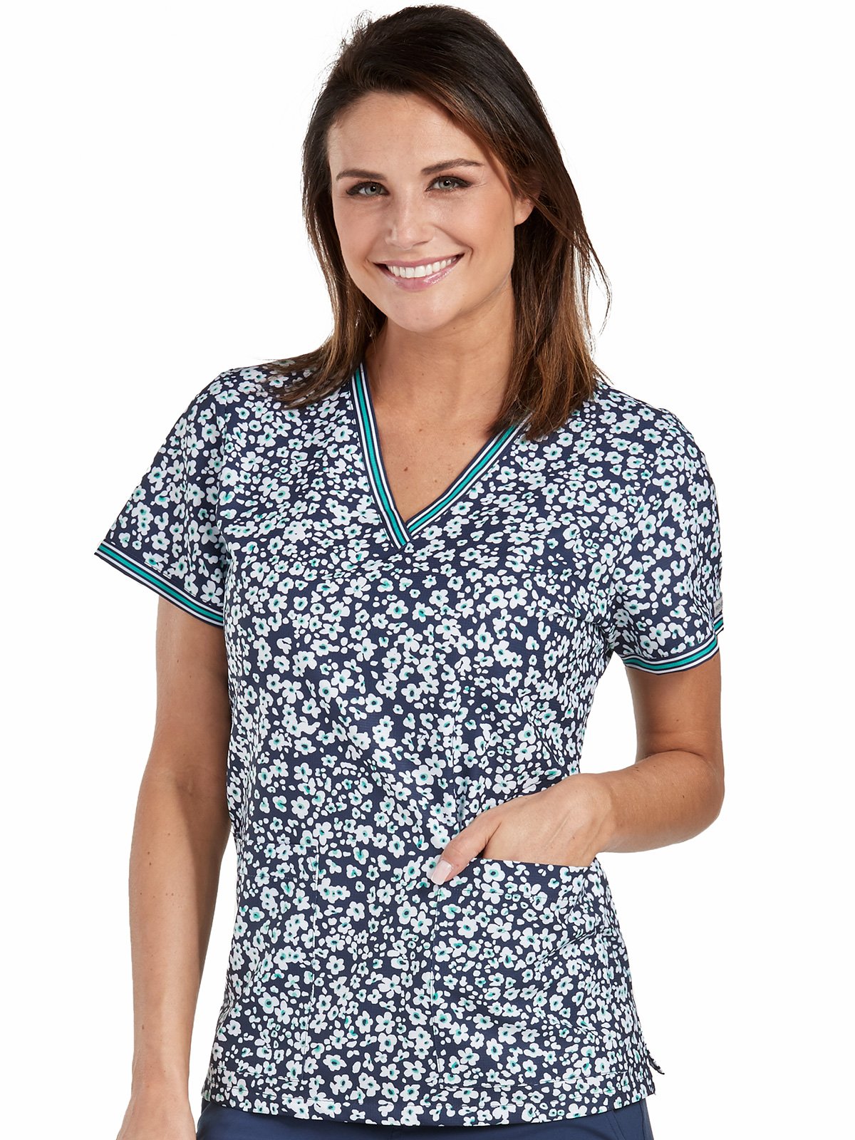 Med Couture Scrub Top Prints Navy Daisies