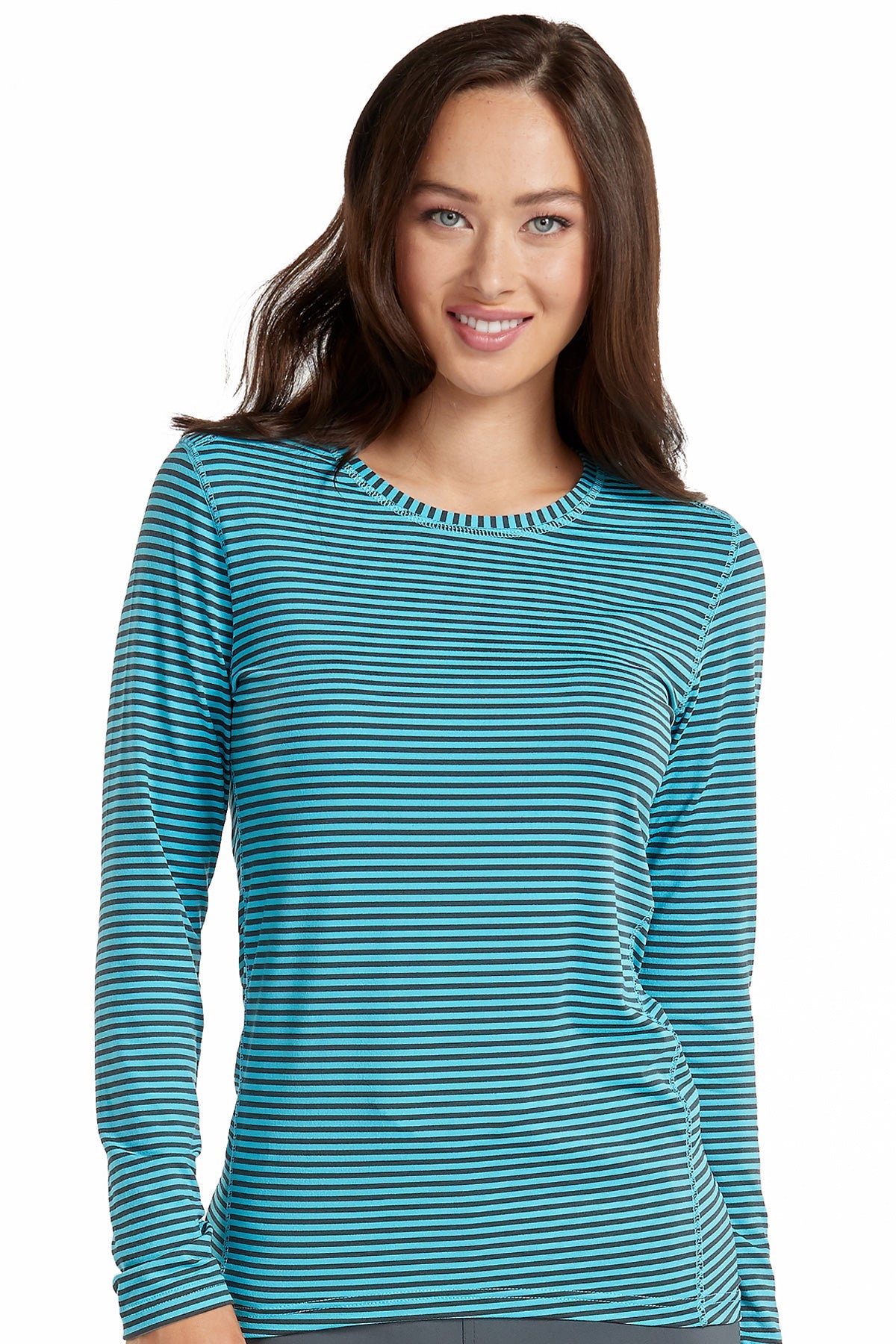 Med Couture Scrub Tee Activate Performance Stripe in Pewter and Turquoise at Parker's Clothing and Shoes.