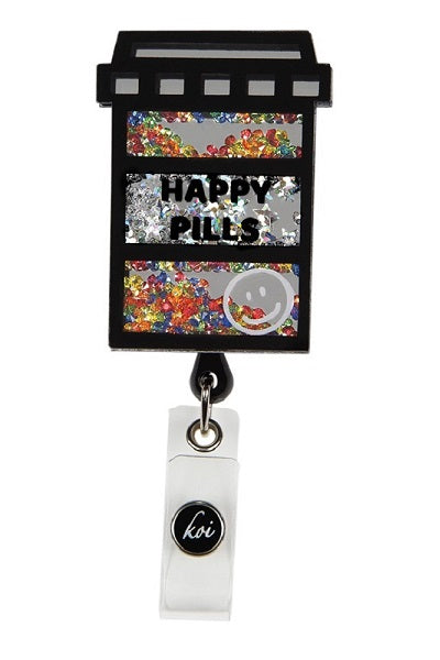 Koi Happy Pills Badge Reel with retractable cord and snap badge holder at Parker's Clothing and Shoes.