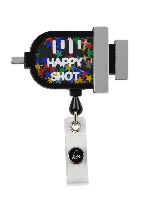 Koi Happy Shot Badge Reel with retractable cord and snap badge holder at Parker's Clothing and Shoes.