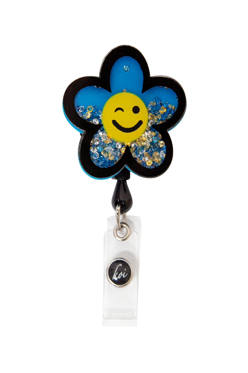 Koi Smiley Flower Badge Reel with retractable cord and snap badge holder at Parker's Clothing & Shoes.