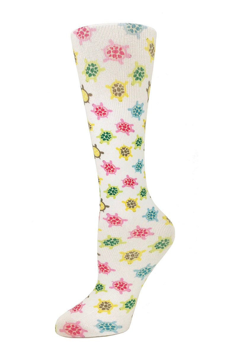 Cutieful Moderate Compression Socks 10-18 MMhg Wide Calf Knit Animal Print Bright Turtles at Parker's Clothing and Shoes.
