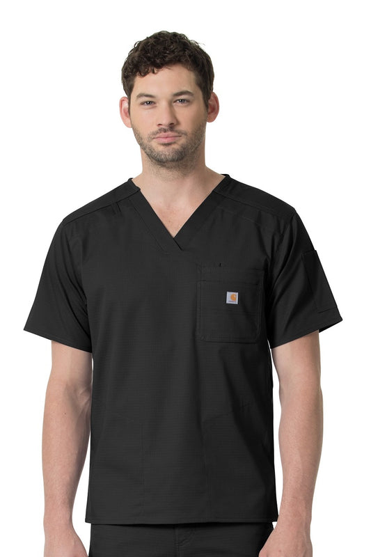 Carhartt Ripstop Mens Scrub Top Stretch Rugged-Flex V-Neck C16418 in Black at Parker's Clothing and Shoes.