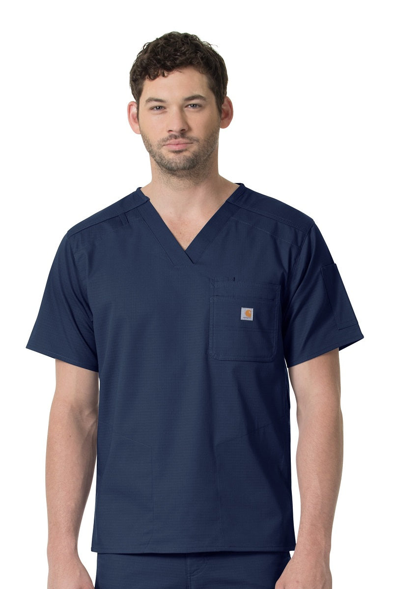 Carhartt Ripstop Mens Scrub Top Stretch Rugged-Flex V-Neck C16418 in Navy at Parker's Clothing and Shoes.