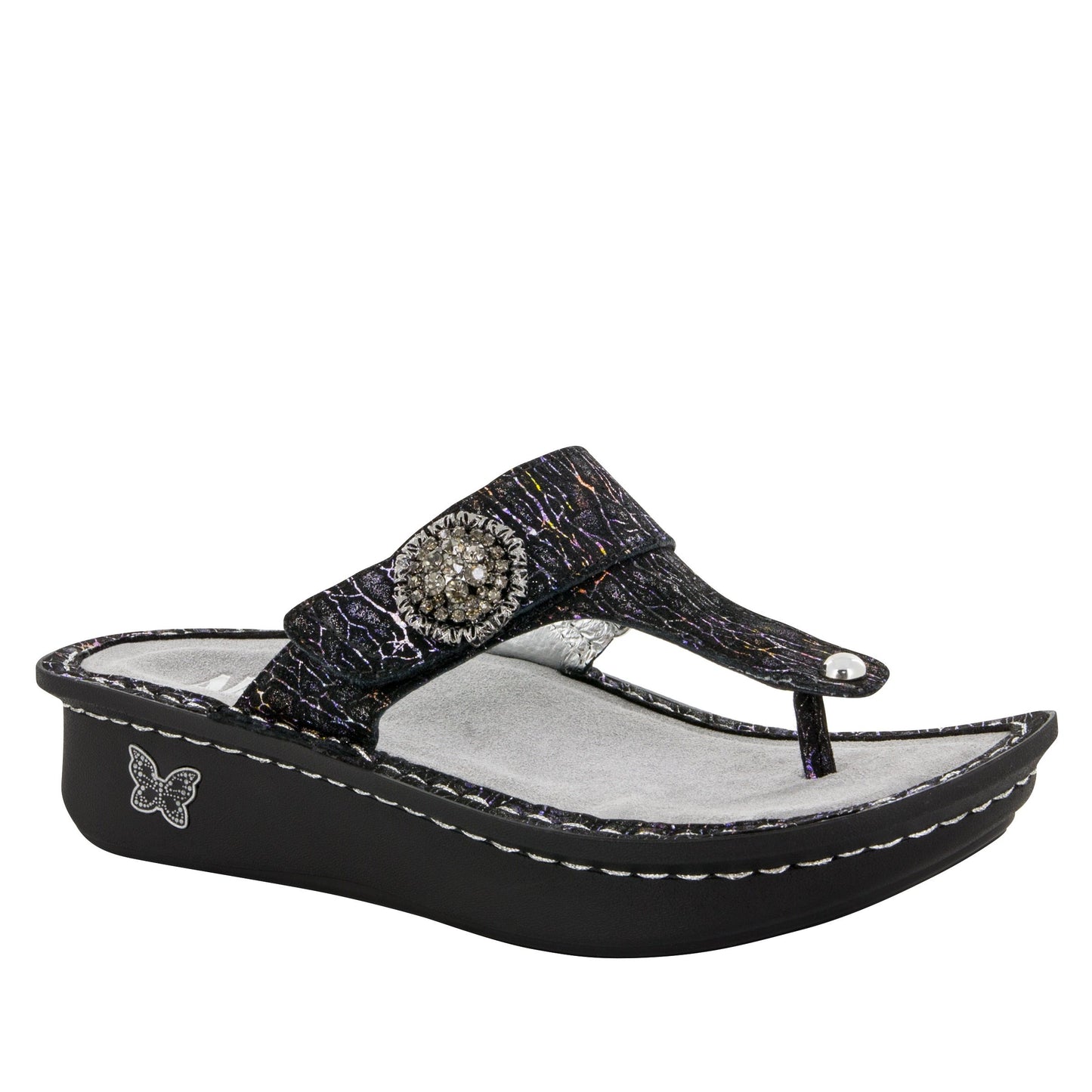 Alegria  Sale Shoe Size 36 Carina Leather Thong Sandal in Totally Cellular at Parker's Clothing and Shoes.