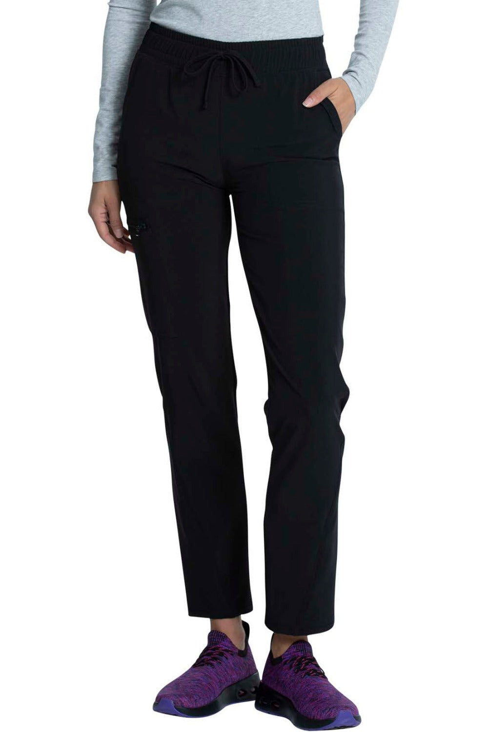 Cherokee Allura Petite Scrub Pant Mid Rise Tapered Leg Drawstring in Black at Parker's Clothing and Shoes.