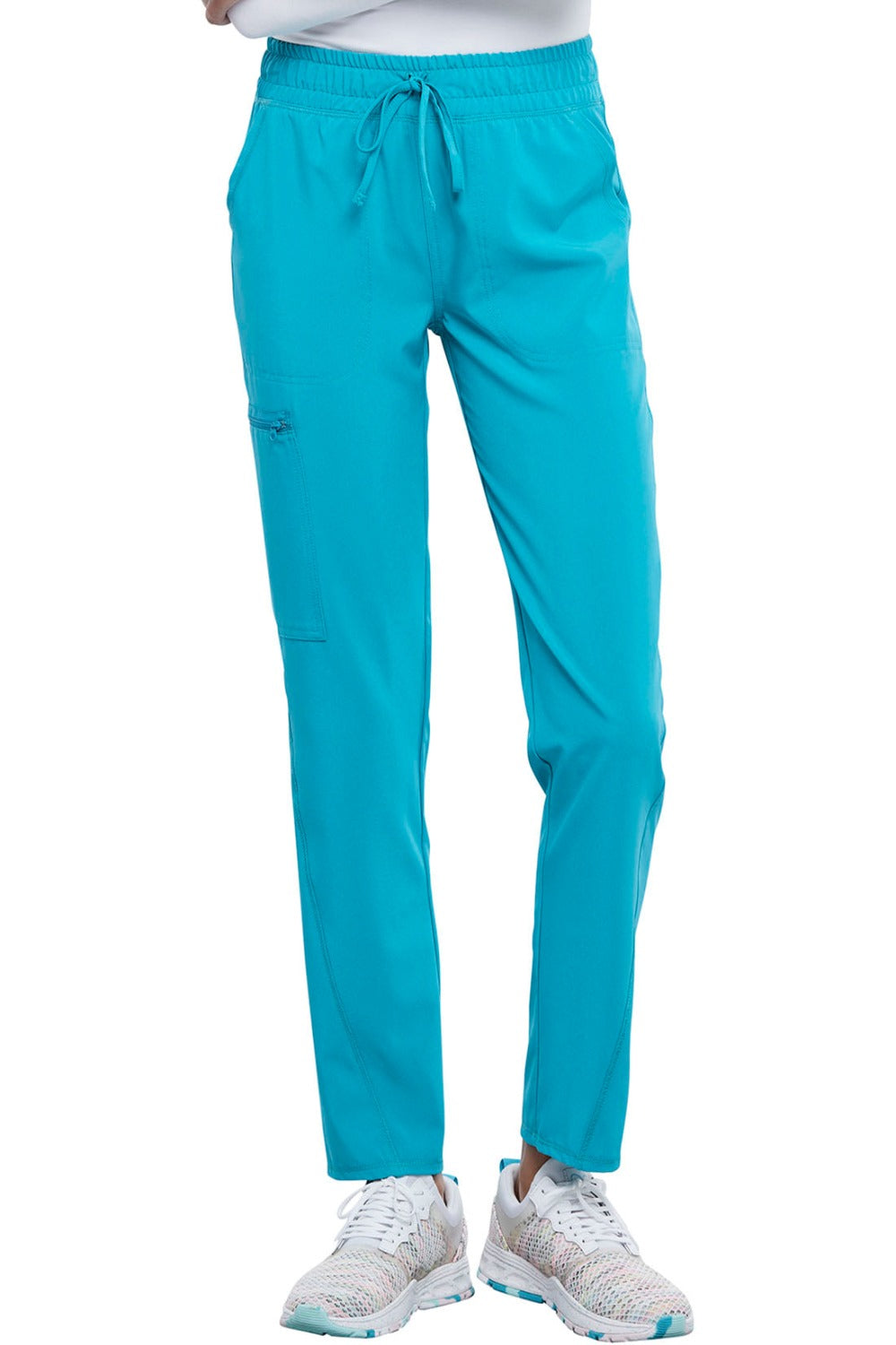 Cherokee Allura Petite Scrub Pant Mid Rise Tapered Leg Drawstring in Teal Blue at Parker's Clothing and Shoes.