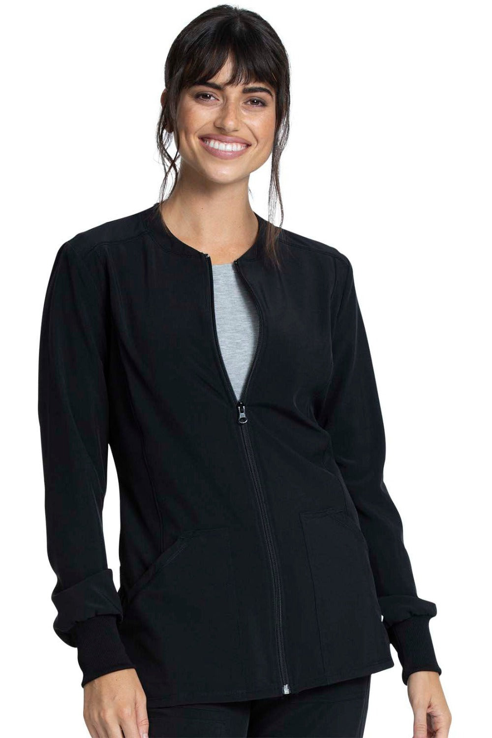 Cherokee Allura Round Neck Zipper Jacket in Black at Parker's Clothing and Shoes.