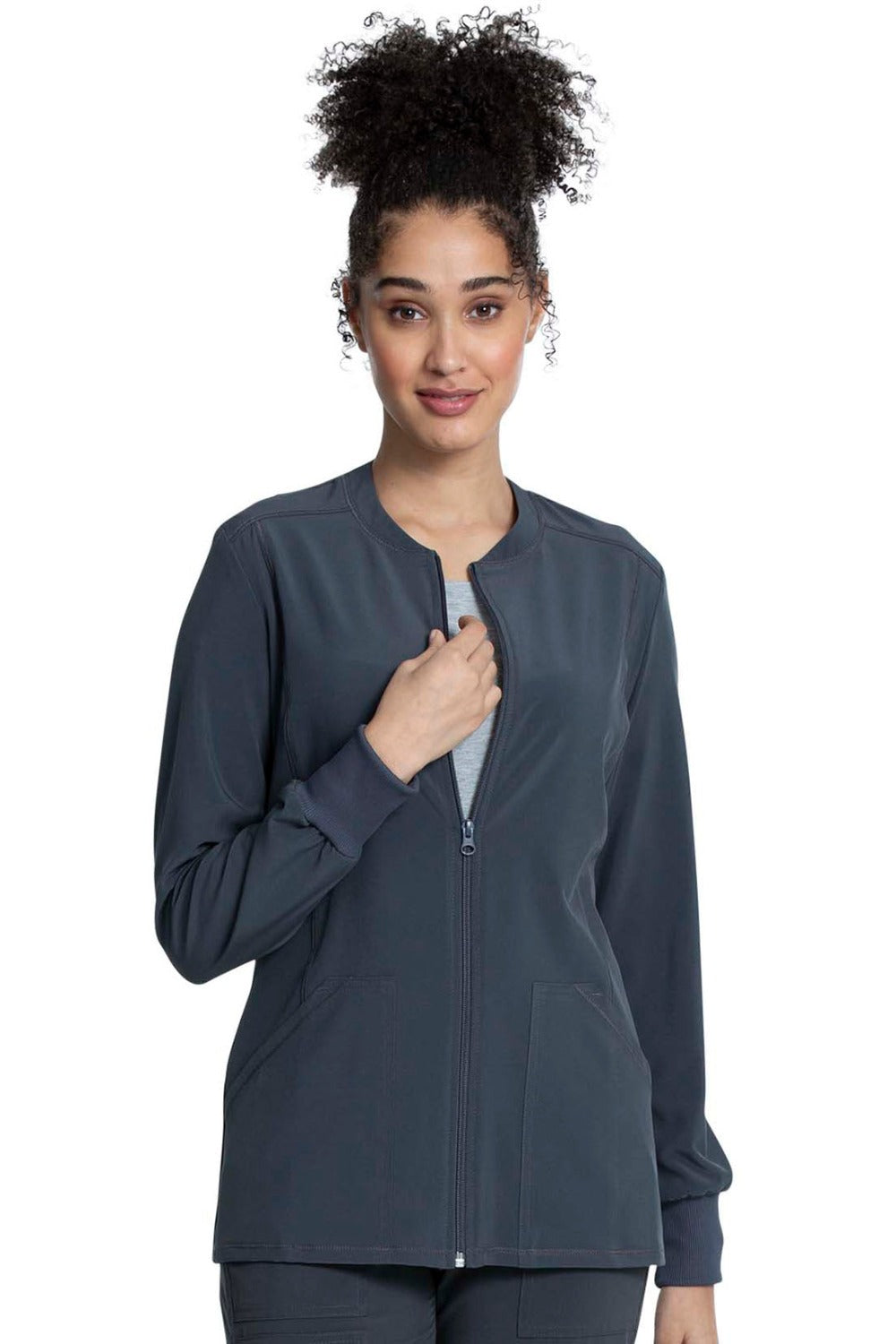 Cherokee Allura Round Neck Zipper Jacket in Pewter at Parker's Clothing and Shoes.