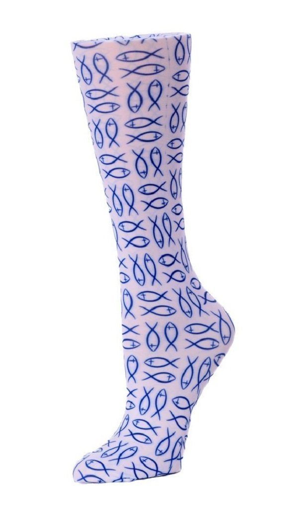 Cutieful Moderate Compression Socks 10-18 MMhg Wide Calf Knit Print Pattern Christian Fish at Parker's Clothing and Shoes.