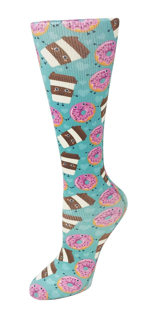 Cutieful Moderate Compression Socks 10-18 mmHg Knit in Print Patterns Coffee and Donuts at Parker's Clothing and Shoes.