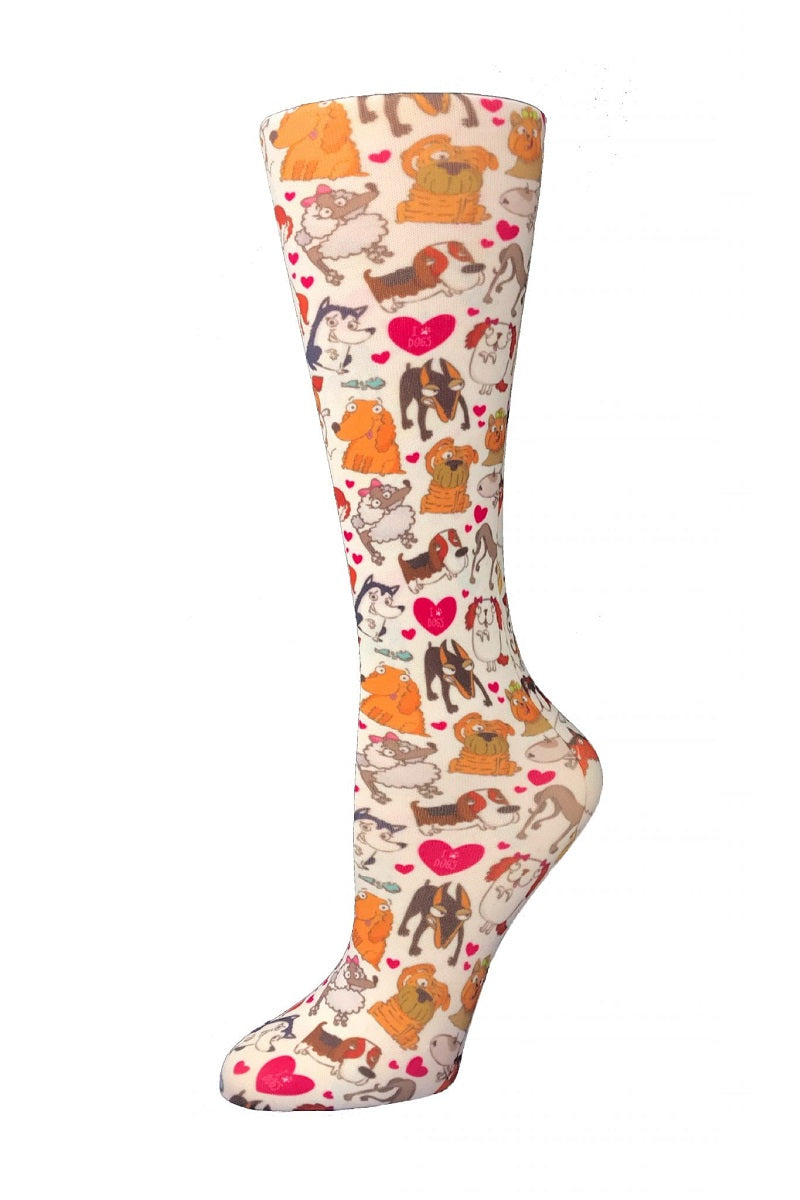 Cutieful Moderate Compression Socks 10-18 MMhg Wide Calf Knit Animal Print Dog Pawty at Parker's Clothing and Shoes.