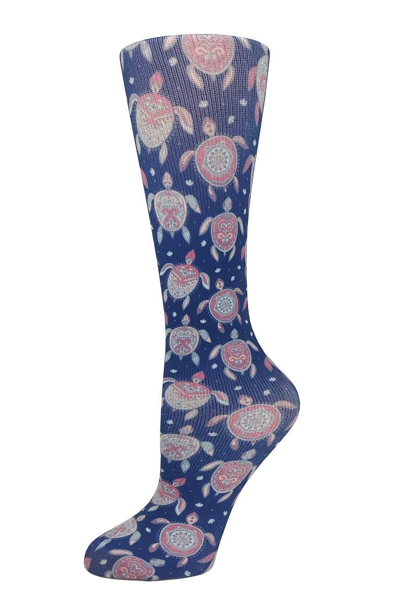 Cutieful Moderate Compression Socks 10-18 MMhg Wide Calf Knit Animal Print Mosaic Turtles at Parker's Clothing and Shoes.