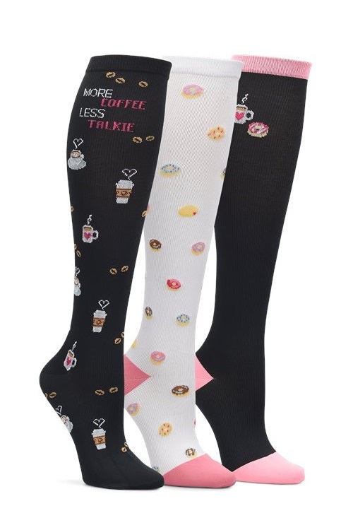 Nurse Mates Mild Compression Socks 3 Per Pack 12-14 mmHg at Parker's Clothing and Shoes. Pattern is Coffee & Donuts.