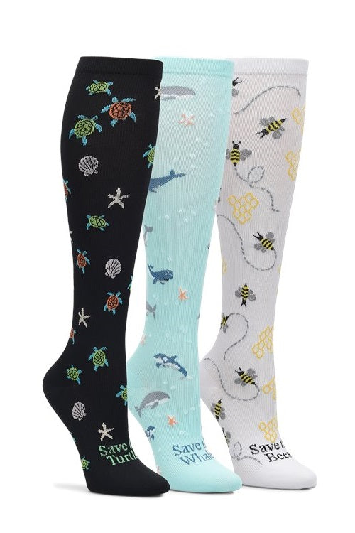 Nurse Mates Mild Compression Socks 3 Per Pack 12-14 mmHg at Parker's Clothing and Shoes. Pattern is Endangered Species.