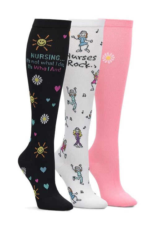 Nurse Mates Mild Compression Socks 3 Per Pack 12-14 mmHg at Parker's Clothing and Shoes. Pattern is Nurses Rock.