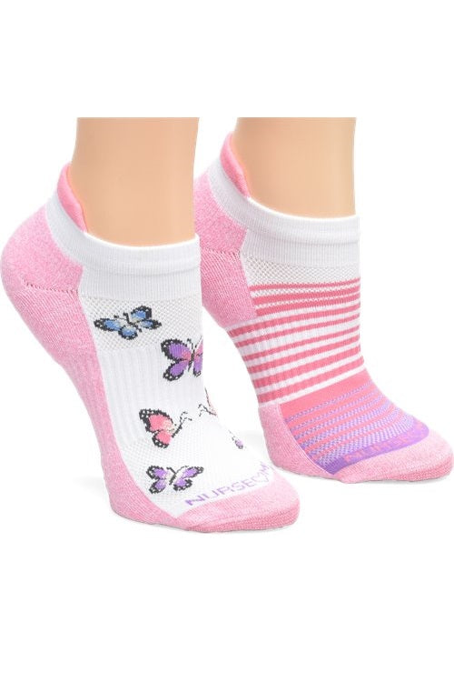 Nurse Mates Compression Socks Anklet 12-14 mmHg 2 Pair/Pack Pink Butterfly at Parker's Clothing and Shoes.