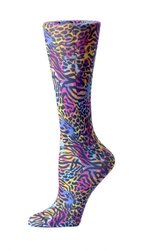 Cutieful Moderate Compression Socks 10-18 MMhg Wide Calf Knit Print Pattern Neon Animal Mix at Parker's Clothing and Shoes.