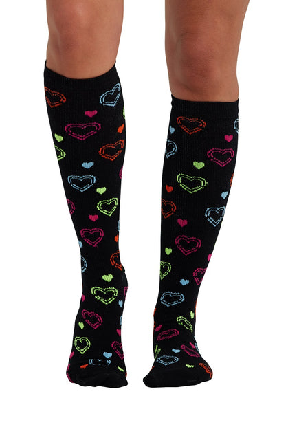 Cherokee Plus Print Support Mild Compression Socks Wide Calf 8-12 mmHg in pattern Hearts On The Line at Parker's Clothing & Scrubs.