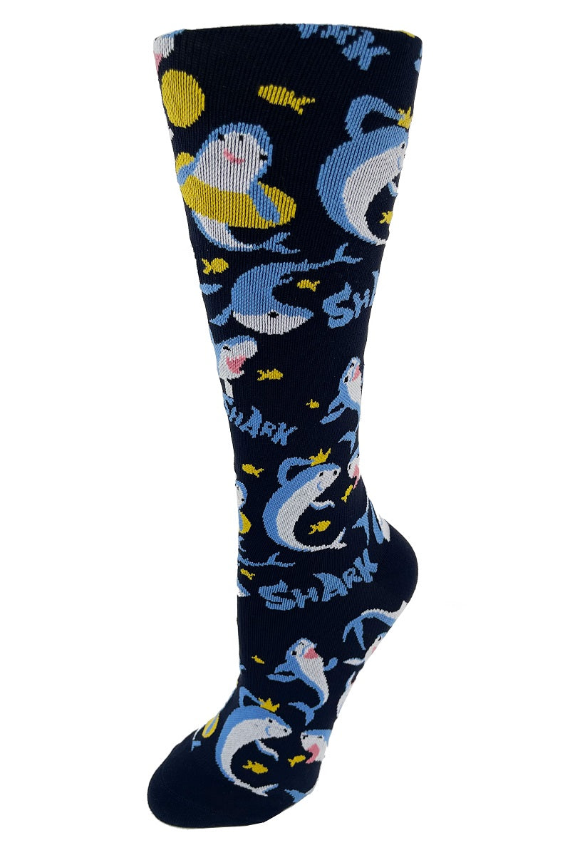 Cutieful Compression Socks Novelty patterns in 15-20 mmHG moderate compression at Parker's Clothing and Shoes. Pattern is Shark Attack.