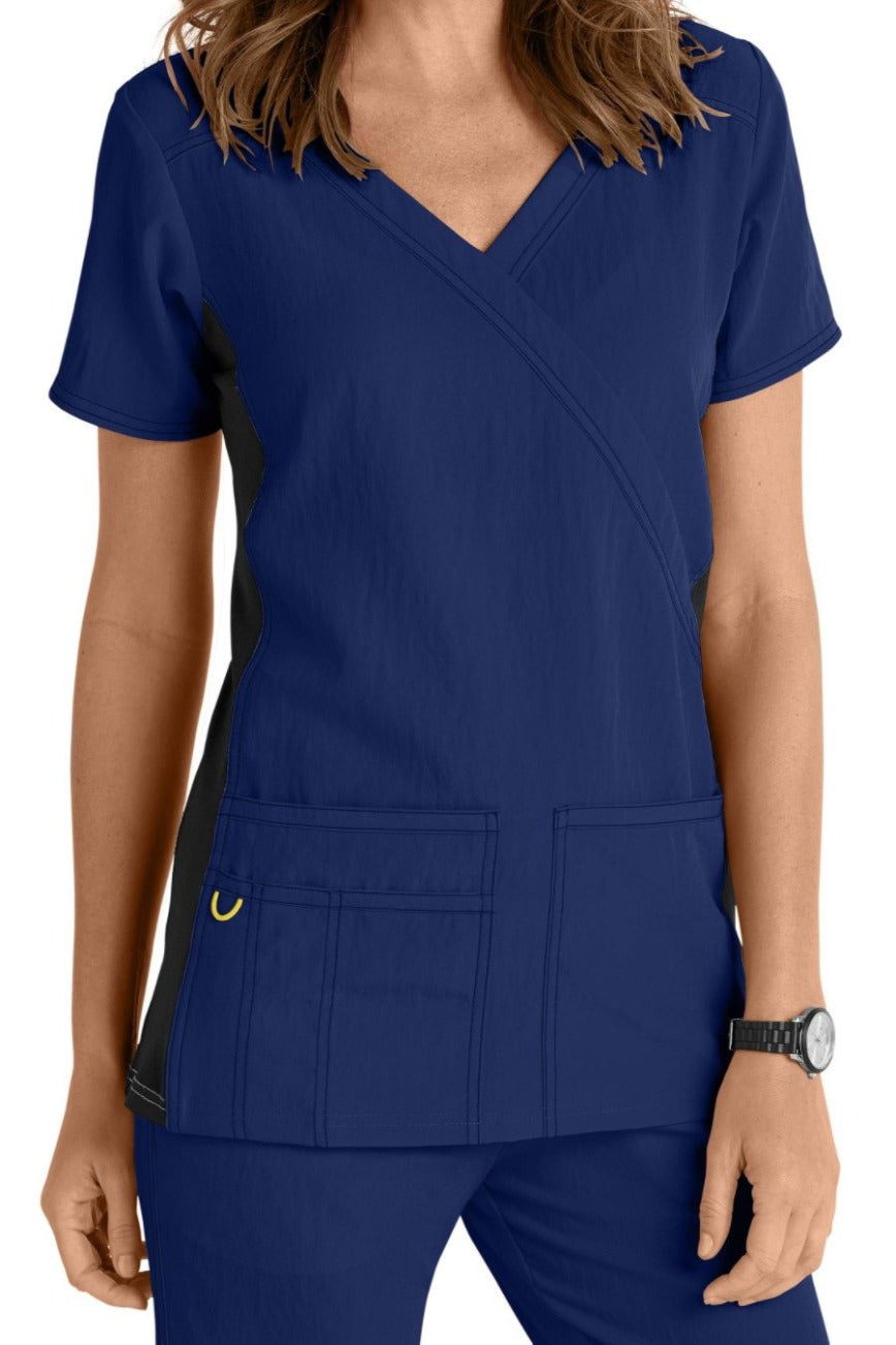WonderWink Scrub Top Four-Stretch Top Mock Wrap in Navy Knit Panel at Parker's Clothing and Shoes.