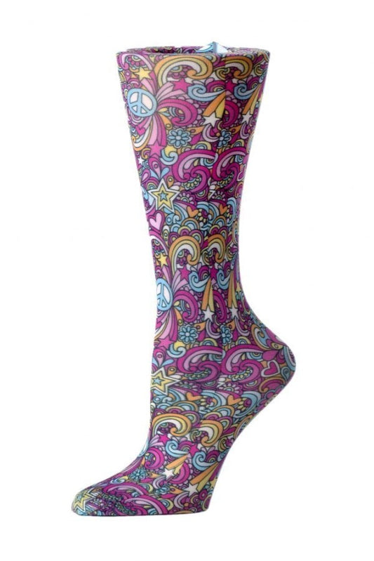 Women's knee-high compression socks in 60's Peace print pattern - Cutieful 10-18 mmHg moderate graduated compression for nurses and healthcare workers.