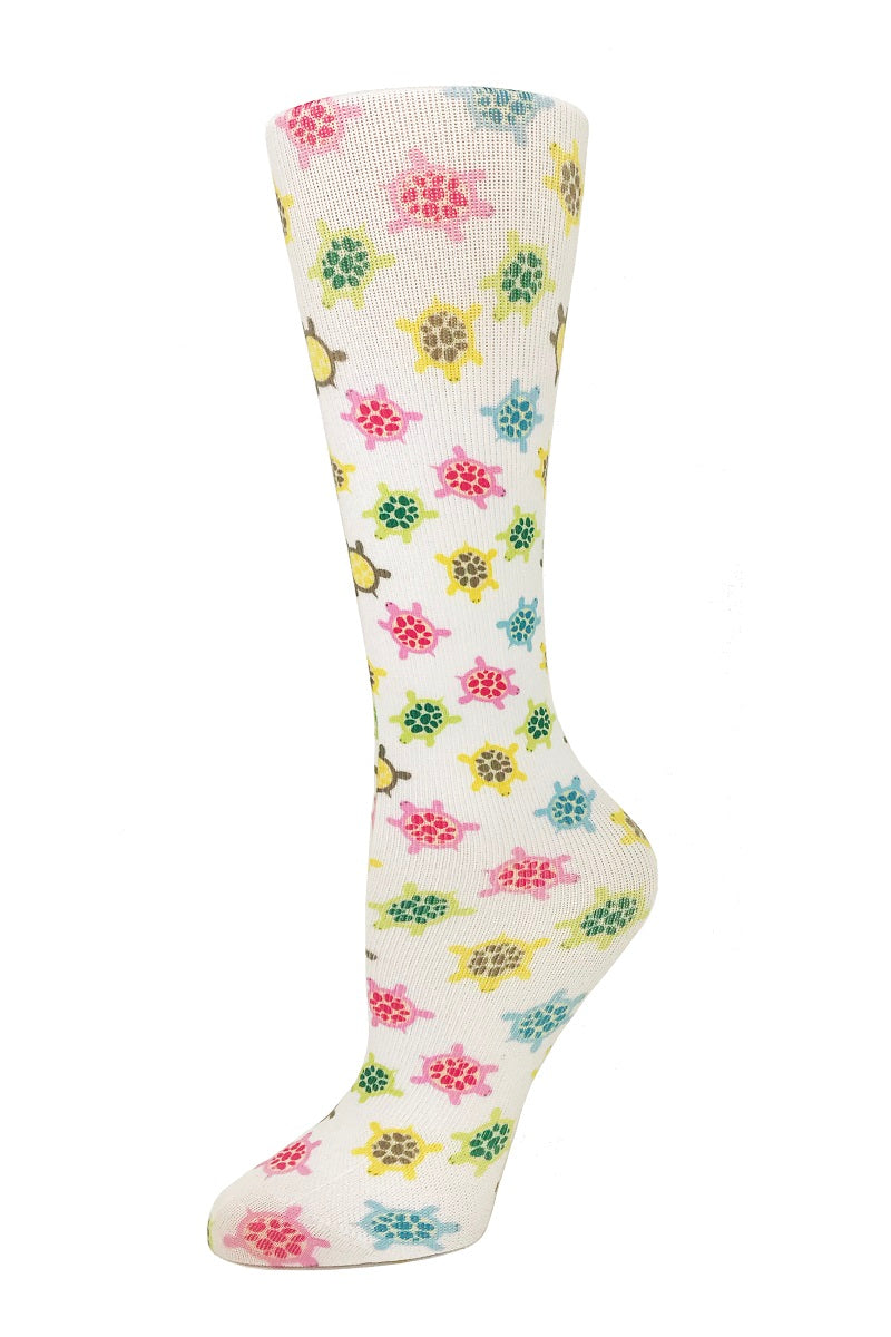 Women's knee-high compression socks in Bright Turtles print - Cutieful 10-18 mmHg moderate graduated compression for nurses and healthcare workers.