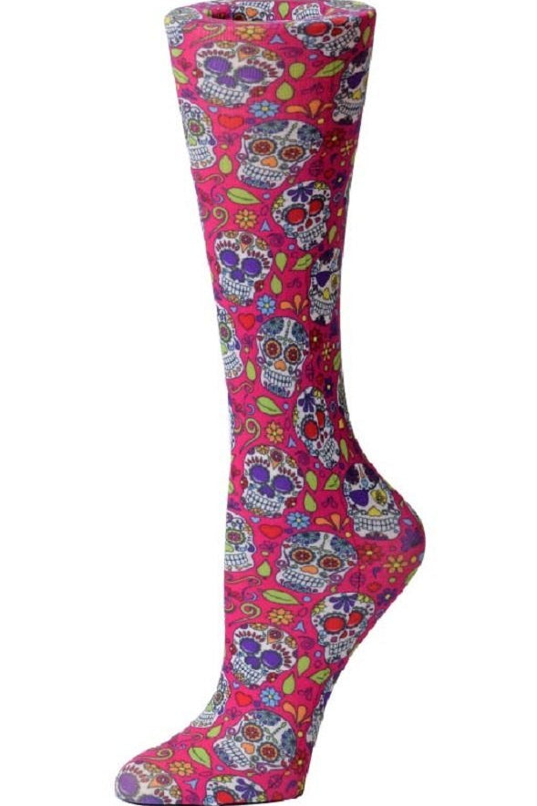 Women's knee-high compression socks in Calavera print - Cutieful 10-18 mmHg moderate graduated compression for nurses and healthcare workers.