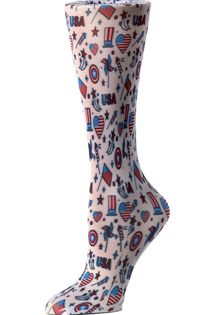 Women's knee-high compression socks in Fourth of July print - Cutieful 10-18 mmHg moderate graduated compression for nurses and healthcare workers.