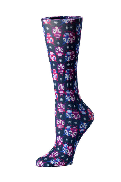 Women's knee-high compression socks in Large Owlsl print - Cutieful 10-18 mmHg moderate graduated compression for nurses and healthcare workers.