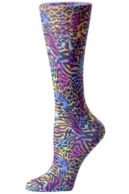 Women's knee-high compression socks in Neon Animal Mix print - Cutieful 10-18 mmHg moderate graduated compression for nurses and healthcare workers.