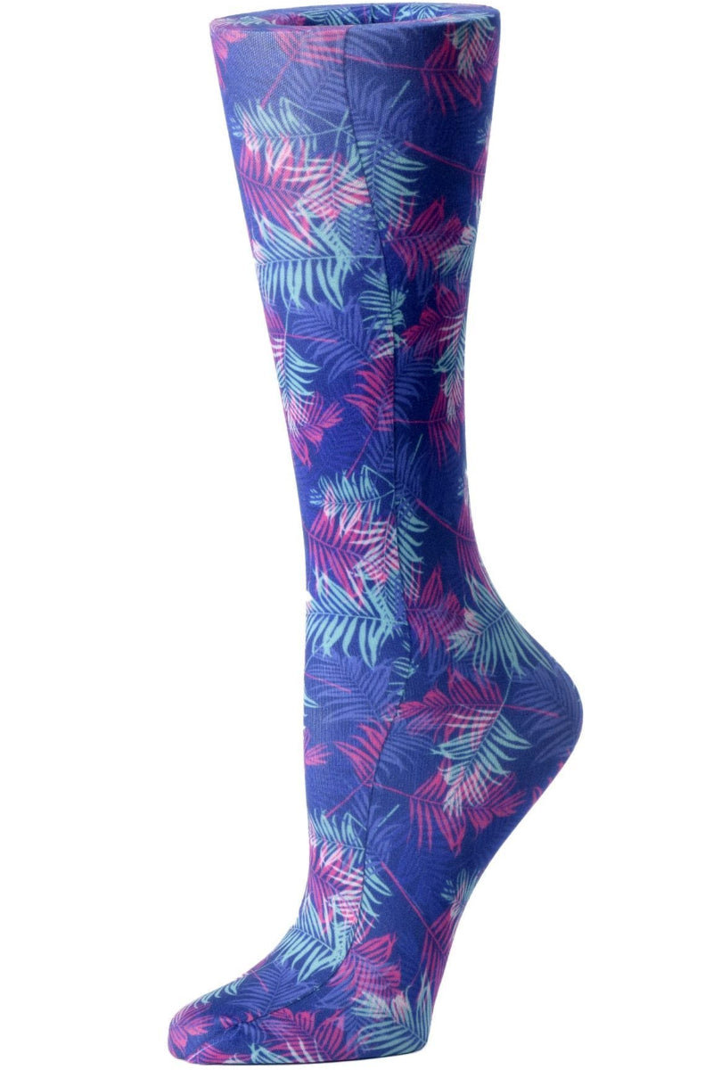 Women's knee-high compression socks in Neon Tropics print - Cutieful 10-18 mmHg moderate graduated compression for nurses and healthcare workers.