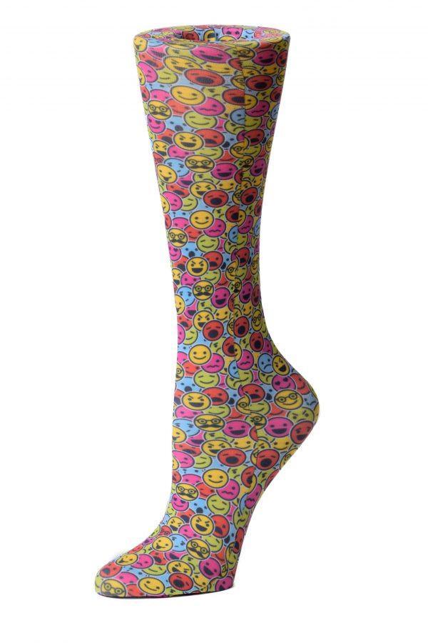 Women's knee-high compression socks in Smiley Faces print - Cutieful 10-18 mmHg moderate graduated compression for nurses and healthcare workers.