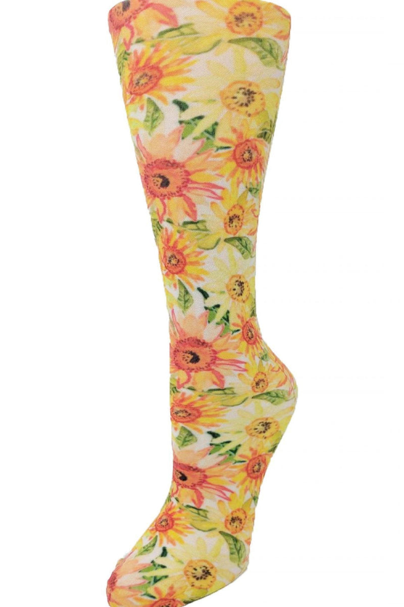 Women's knee-high compression socks in Sunflowers print - Cutieful 10-18 mmHg moderate graduated compression for nurses and healthcare workers.