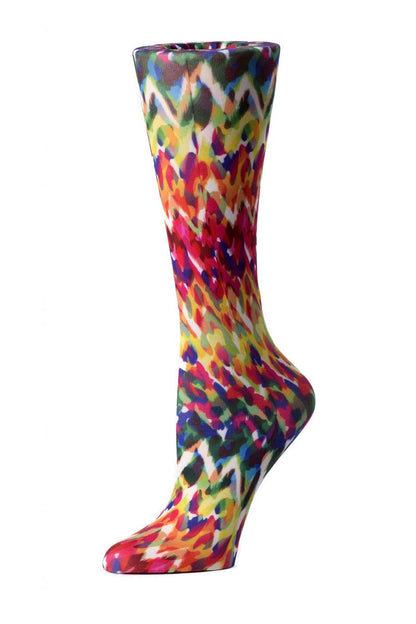 Women's Cutieful sheer compression socks in Animal Fire pattern with 8-15mmHg graduated compression for leg support and circulation.