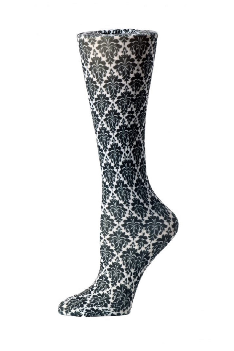 Women's Cutieful sheer compression socks in Black Flowers pattern with 8-15mmHg graduated compression for leg support and circulation.