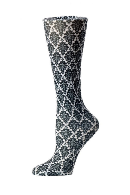 Women's Cutieful sheer compression socks in Black Flowers pattern with 8-15mmHg graduated compression for leg support and circulation.