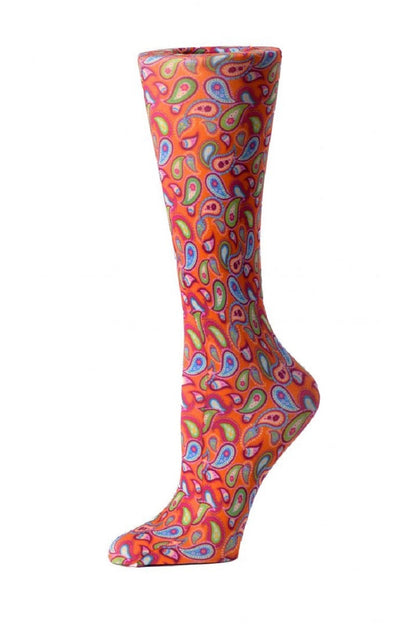 Women's Cutieful sheer compression socks in Bright Paisley pattern with 8-15mmHg graduated compression for leg support and circulation.