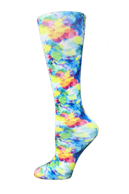 Women's Cutieful sheer compression socks in Bright Watercolors pattern with 8-15mmHg graduated compression for leg support and circulation.