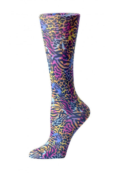 Women's Cutieful sheer compression socks in Neon Animal Mix pattern with 8-15mmHg graduated compression for leg support and circulation.